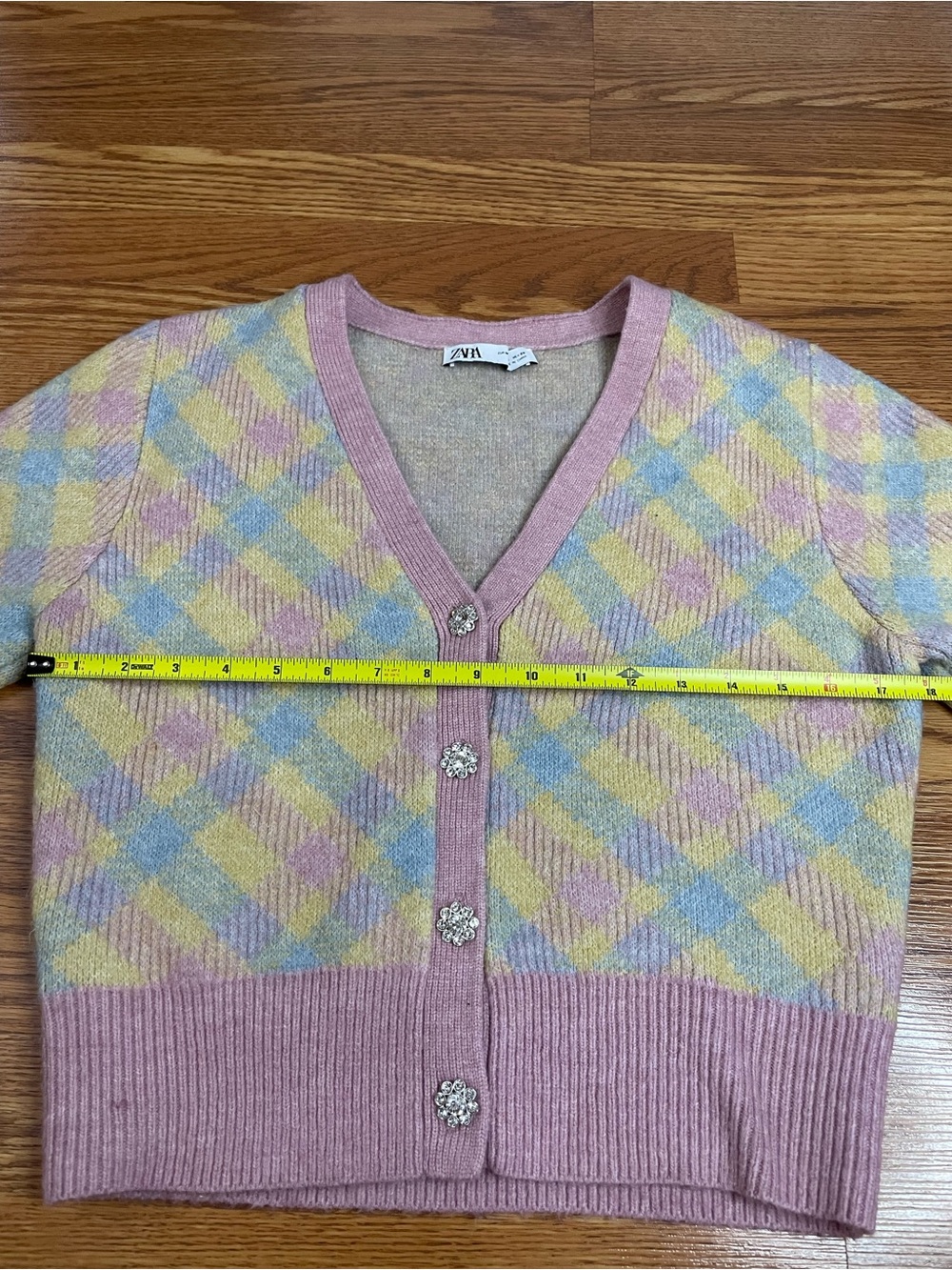 Zara Pastel Argyle Fuzzy Knit Cardigan Jewel Button Sweater Size M - Picture 10 of 11